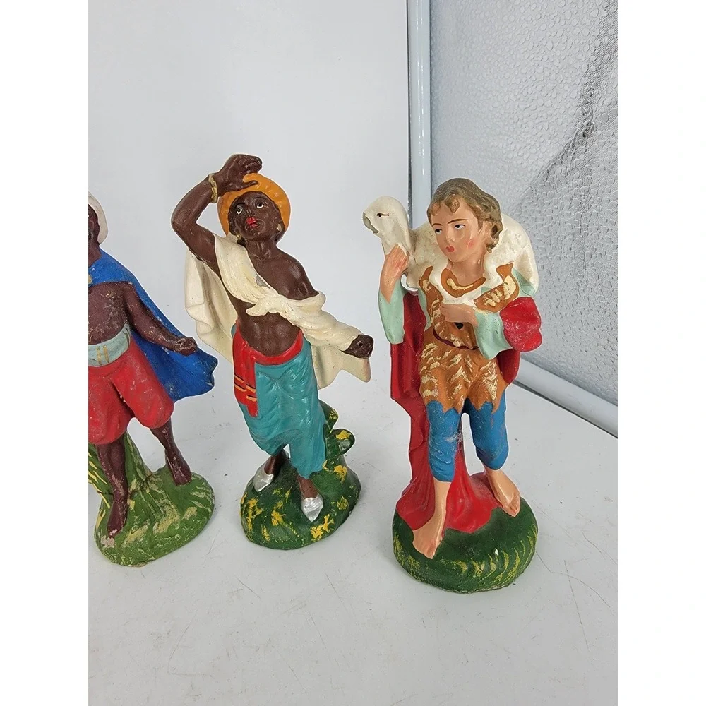 VTG Nativity Figures Stamped Made In ITALY Paper Mache Creche Chalk Set 5 50-60s